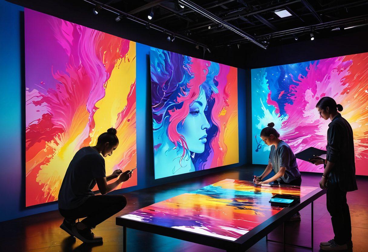 A vibrant digital artwork showcasing a split scene depicting a traditional artist painting on a canvas with vivid strokes on one side, and the other side featuring a high-tech multimedia art show with dynamic visuals and glowing screens. Incorporate elements such as holograms and flowing animations blending into the canvas, symbolizing the evolution from classic to modern art. The color palette should be bright and engaging, representing creativity and innovation. super-realistic. dynamic composition. vibrant colors.