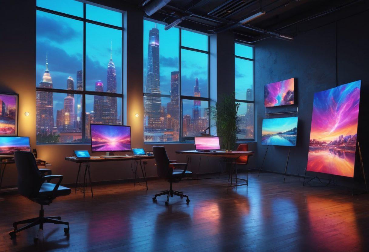 A futuristic art studio filled with digital canvases and holographic displays showcasing diverse artworks. A diverse group of artists, both traditional and digital, collaborate and create using advanced technology, with vivid colors and innovative tools around them. The atmosphere is buzzing with creativity, blending classical and modern artistic styles. Include abstract digital art pieces in the background and a glowing cityscape visible through the studio windows. vibrant colors. super-realistic.