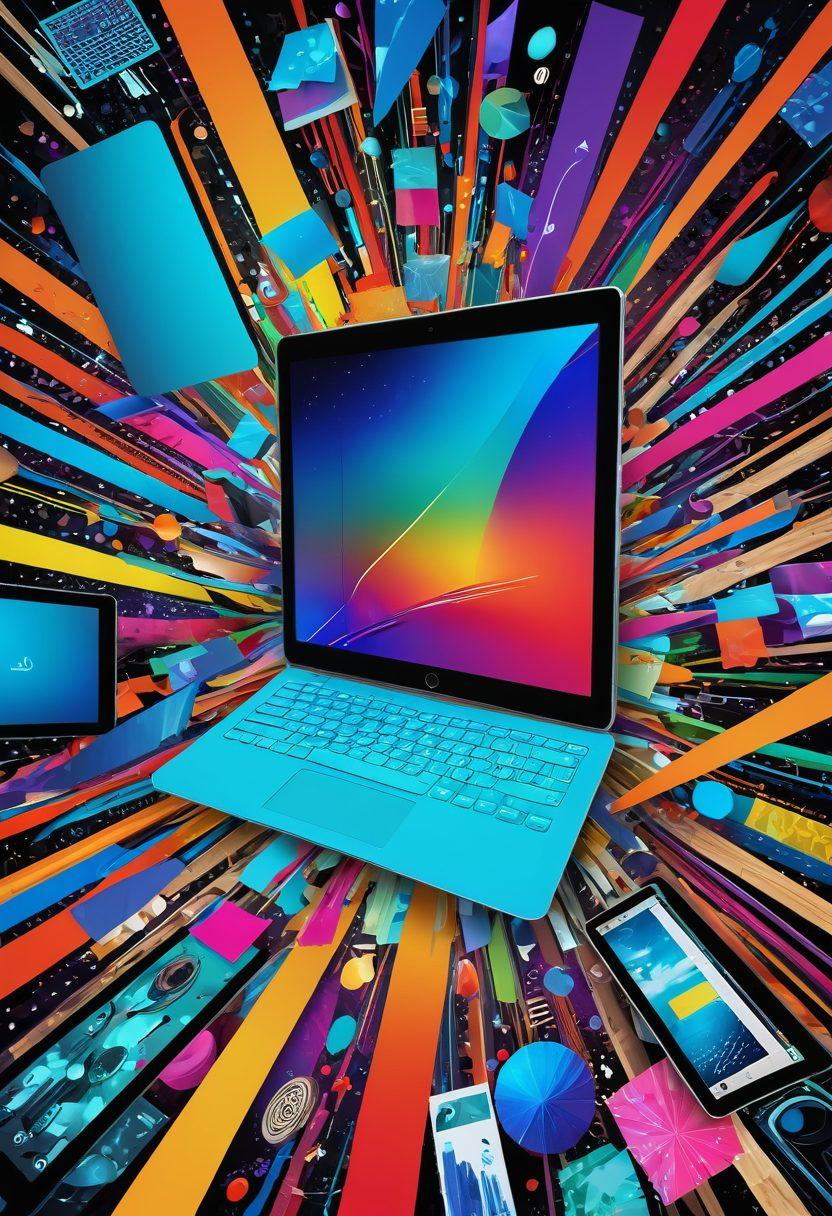 A dynamic collage of digital art tools like graphic tablets and software interfaces blending seamlessly into vibrant digital artwork showcasing various artistic expressions. Include diverse artists interacting with their digital canvases, creating in an atmosphere pulsating with creativity and innovation. The background should feature abstract patterns and a burst of colorful pixels representing the fusion of technology and art. super-realistic. vibrant colors. digital artwork.